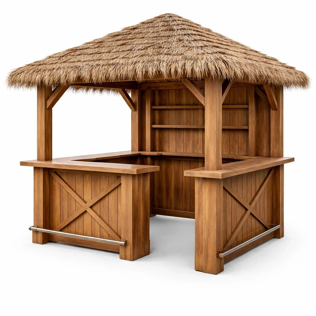 Padiglione bar in legno con tetto in paglia 260x200x300 cm-PLUSHCRAFTSPACE