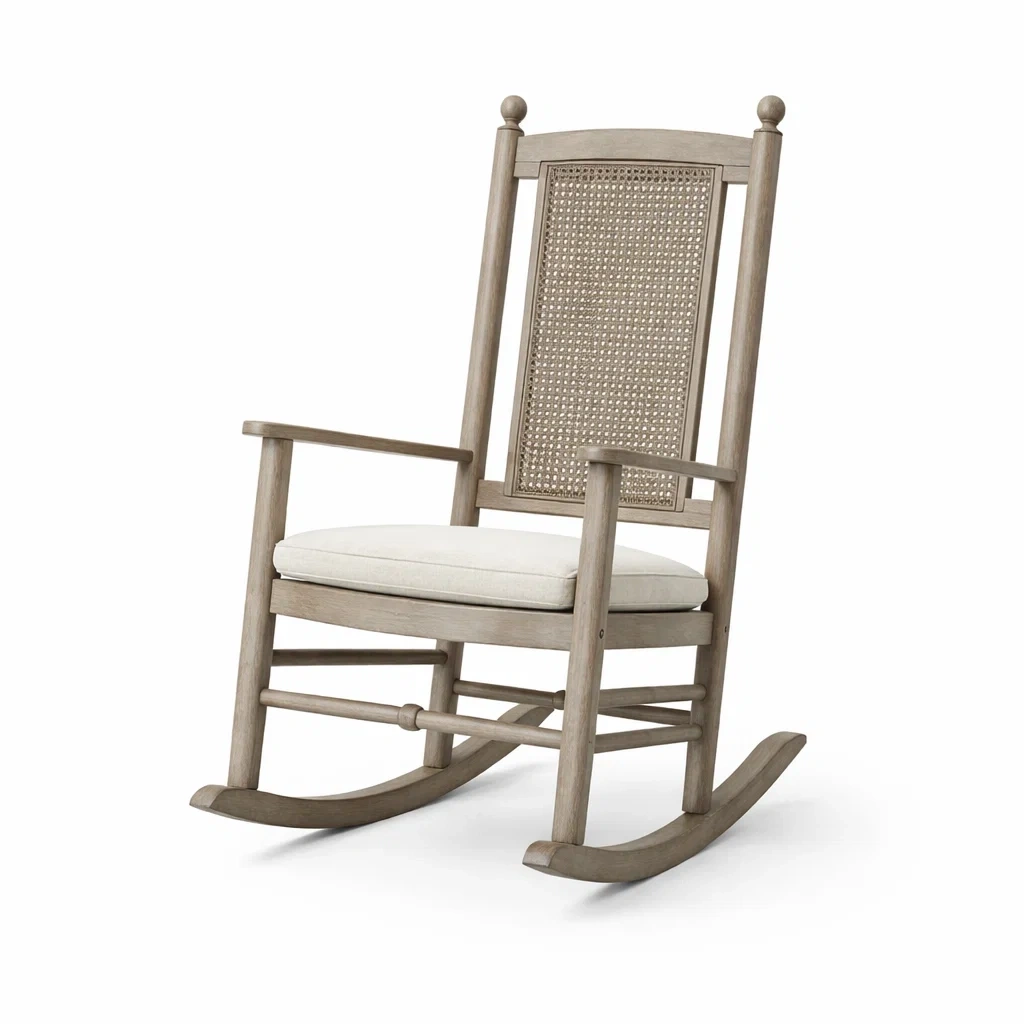 Sedia a dondolo in legno con schienale in paglia e cuscino beige-PLUSHCRAFTSPACE