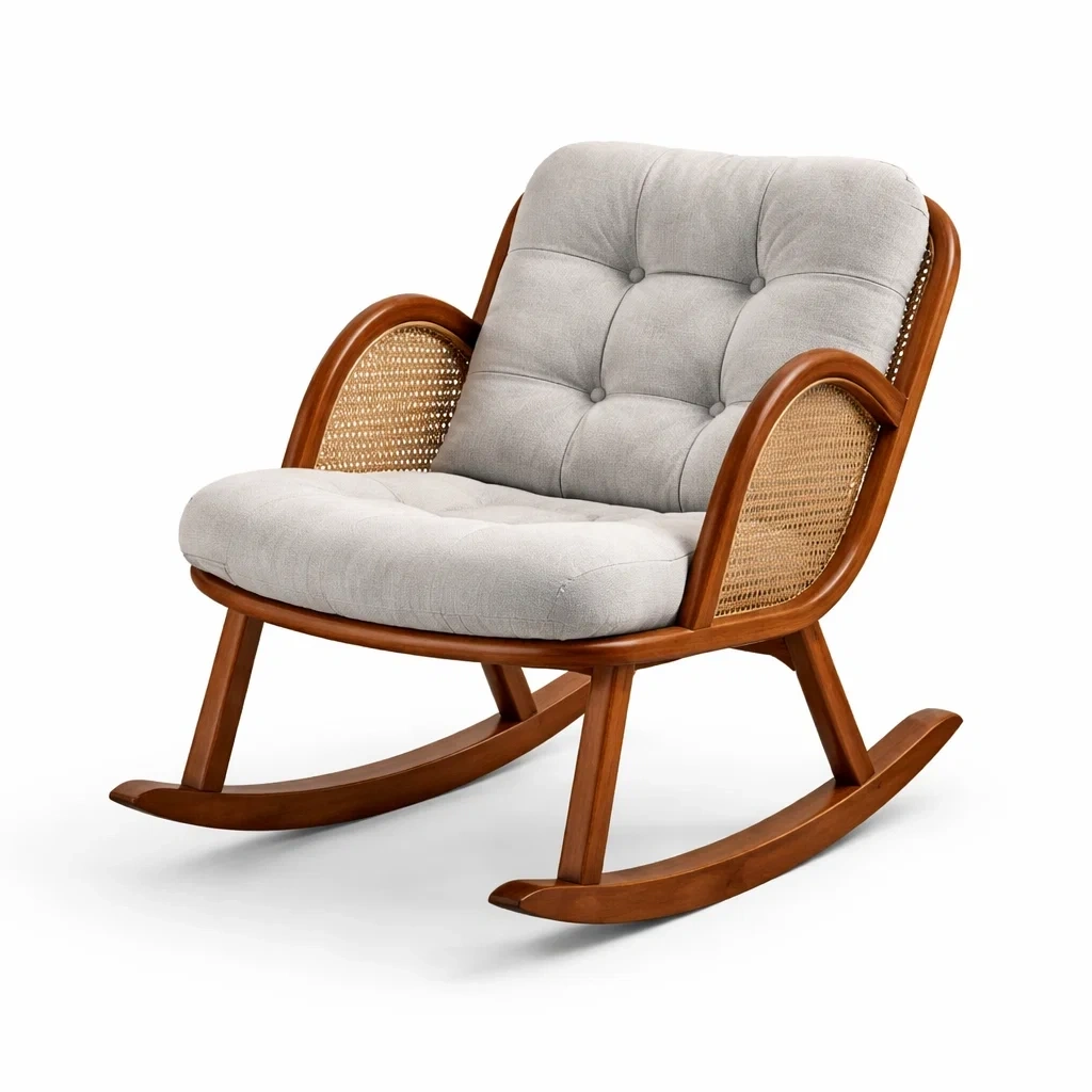 Sedia a dondolo in legno con seduta in tessuto grigio-PLUSHCRAFTSPACE