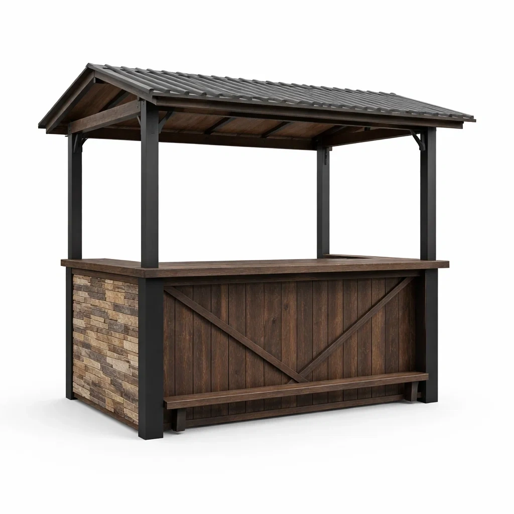 Padiglione bar da esterno in metallo nero e legno con rivestimento in pietra-PLUSHCRAFTSPACE