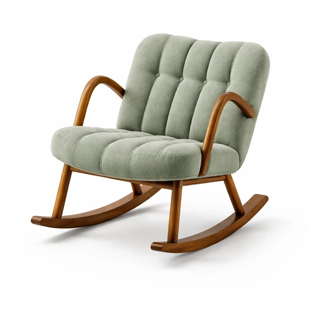 Sedia a dondolo in legno e tessuto verde-PLUSHCRAFTSPACE