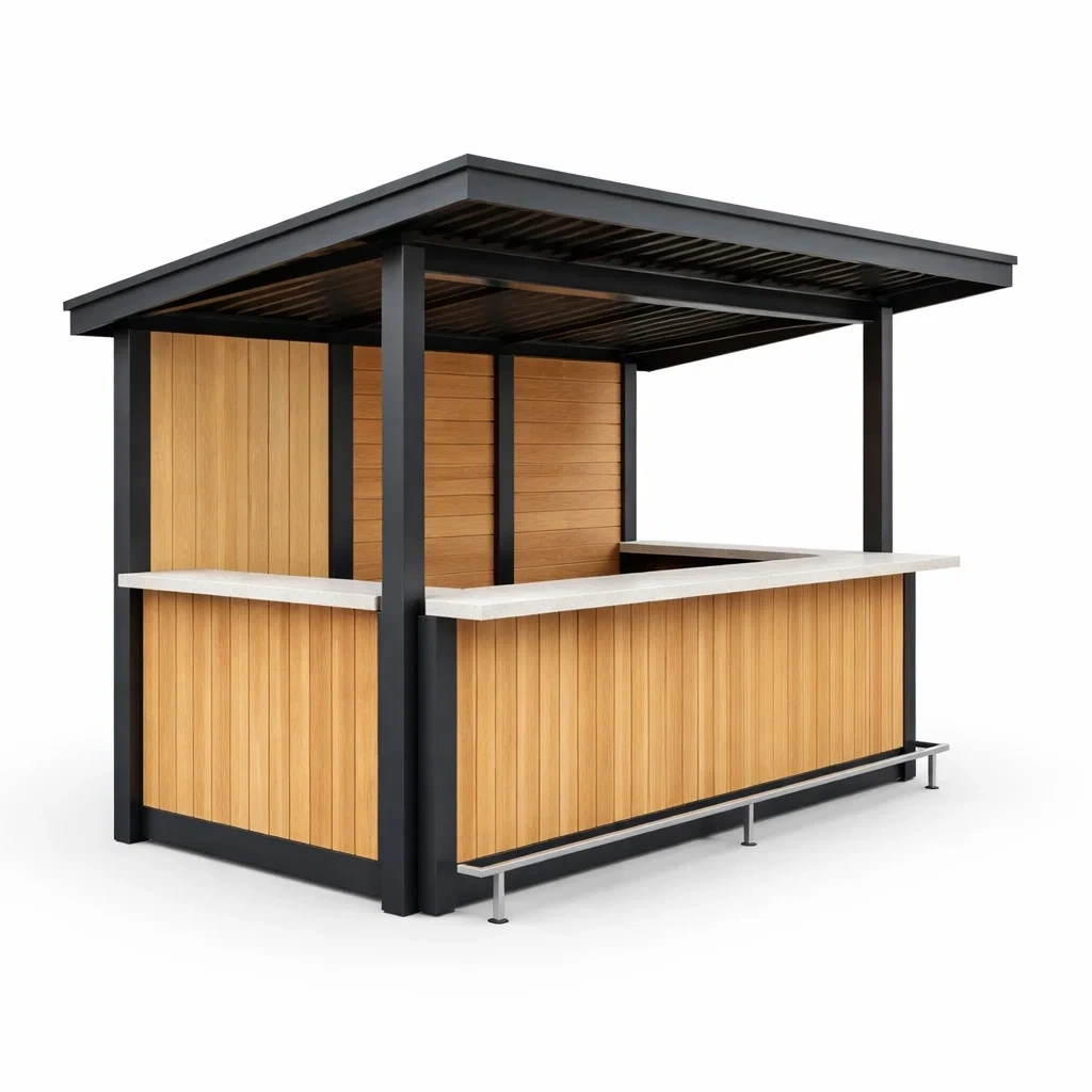 Padiglione bar da esterno in legno naturale e metallo con superficie bianca-PLUSHCRAFTSPACE