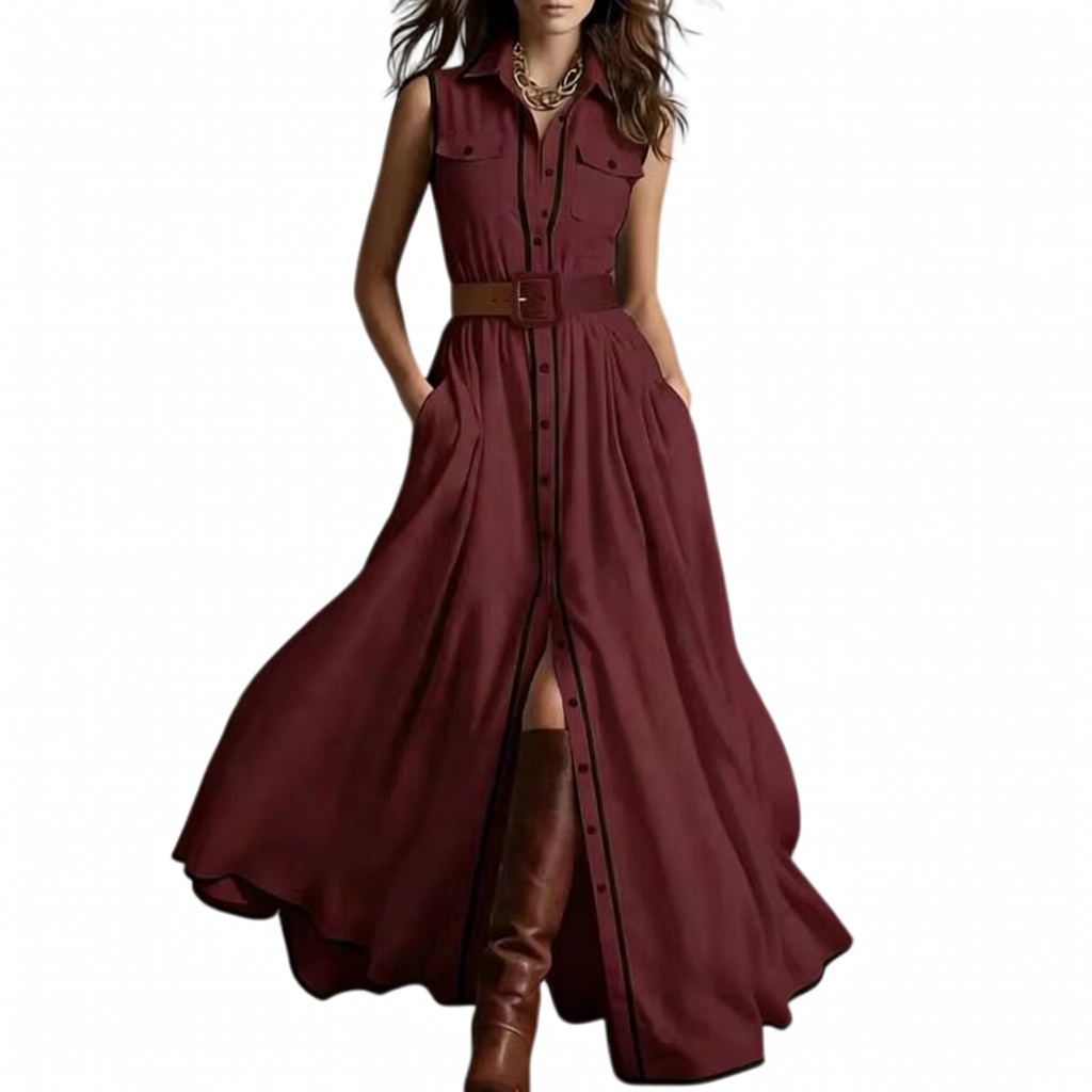 Belted Contrast Piping Maxi Shirt Dress