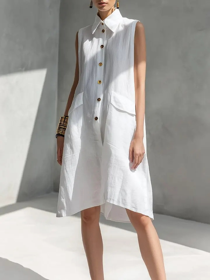 2026 Cross-Border Amazon European And American New Summer Solid Color Lapel Sleeveless Casual Loose Cotton Linen Dress