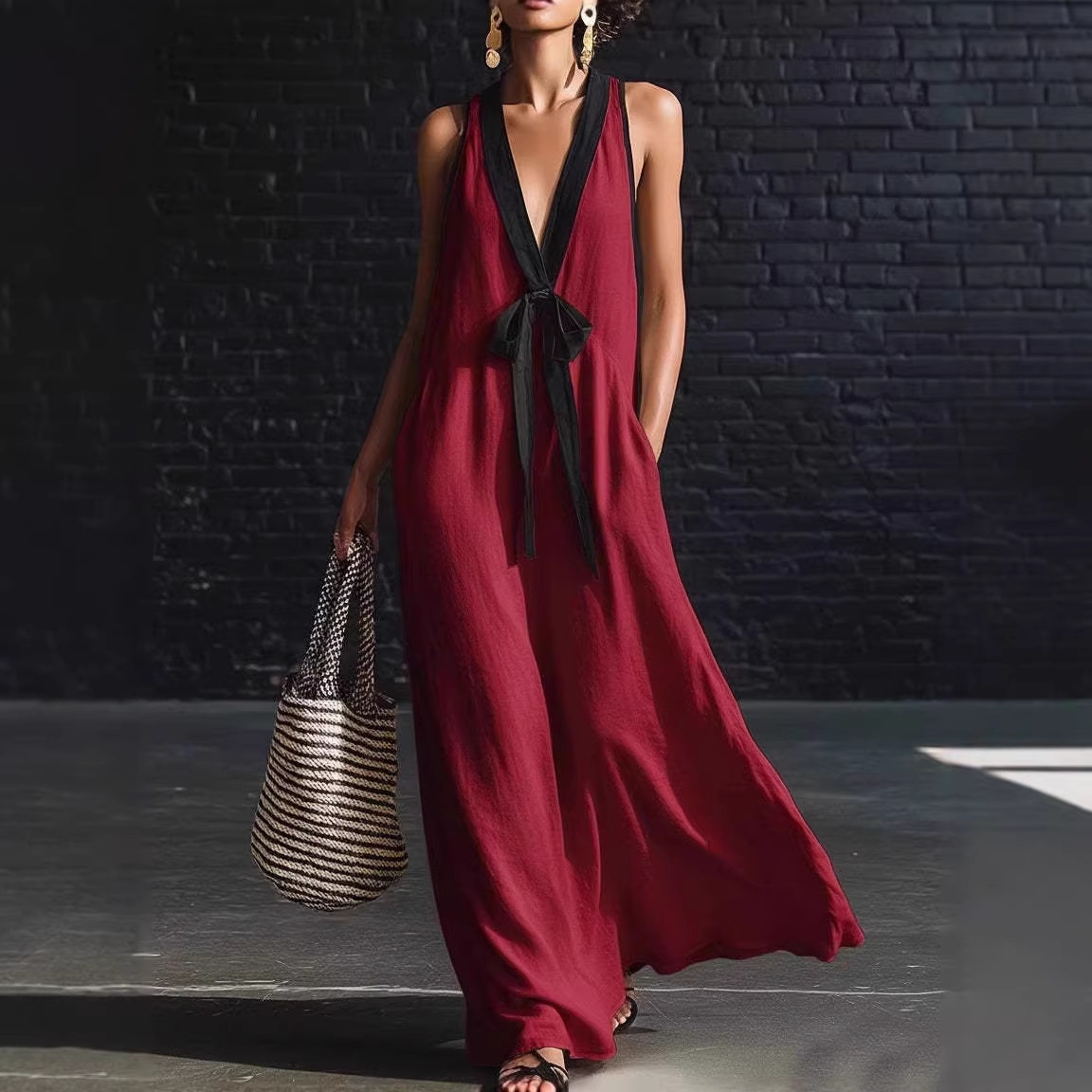 Bohemian Style White And Black Color Blocked Sleeveless V-neck Maxi Dress