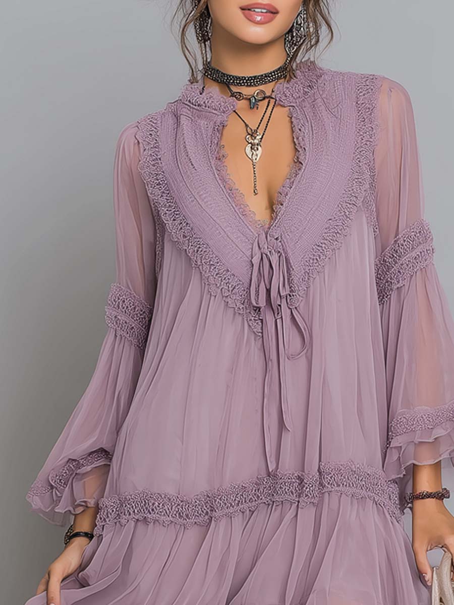 Purple Lace-Trimmed Chiffon Mini Dress