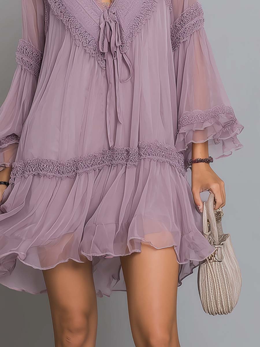 Purple Lace-Trimmed Chiffon Mini Dress