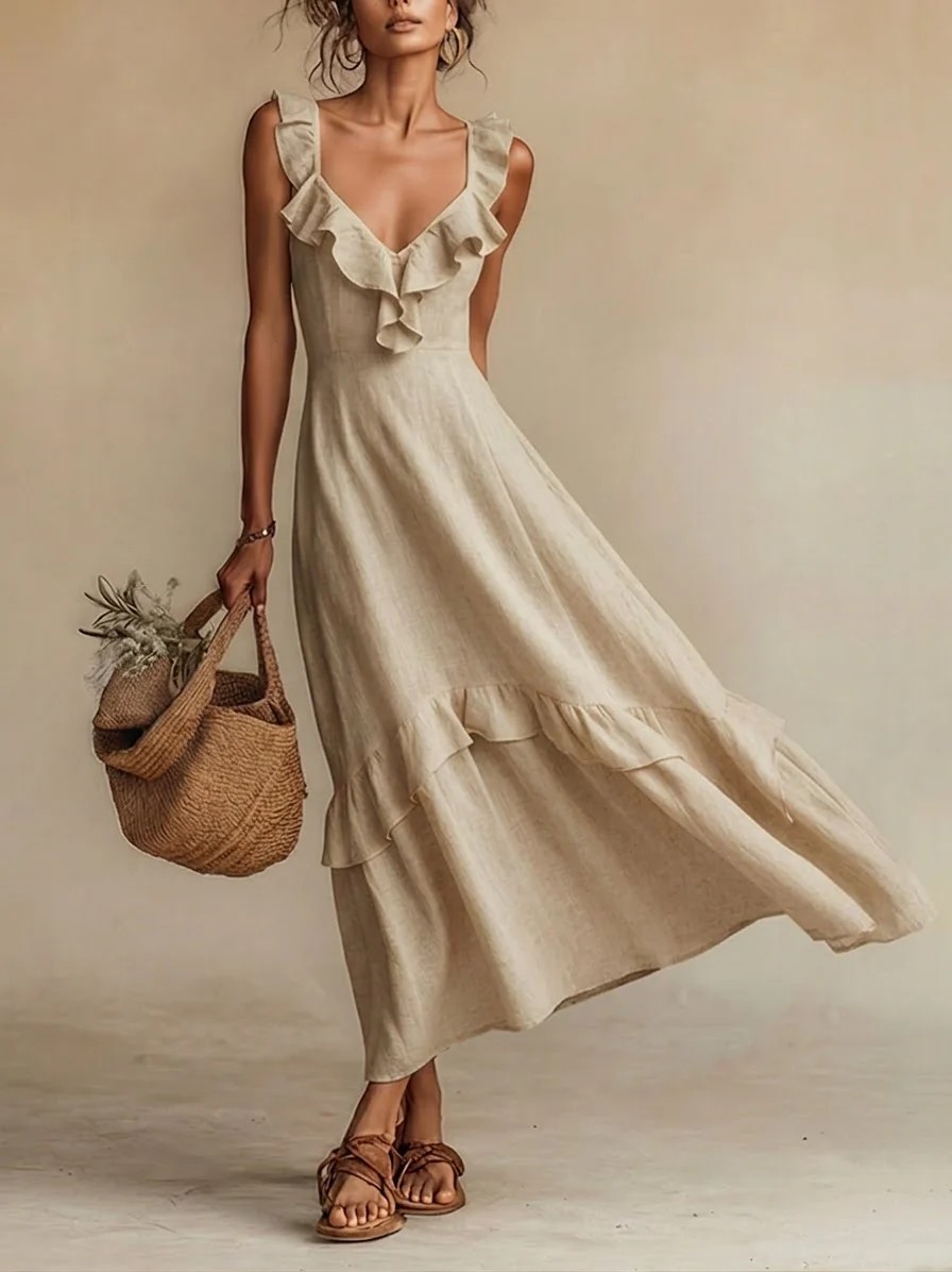 Ruffled Linen Blend Maxi Dress