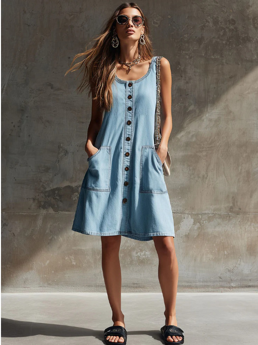 Popular European And American Cross-Border Casual And Elegant Solid Color Denim Sleeveless Round Neck Button Mini Dress Amazon Hot