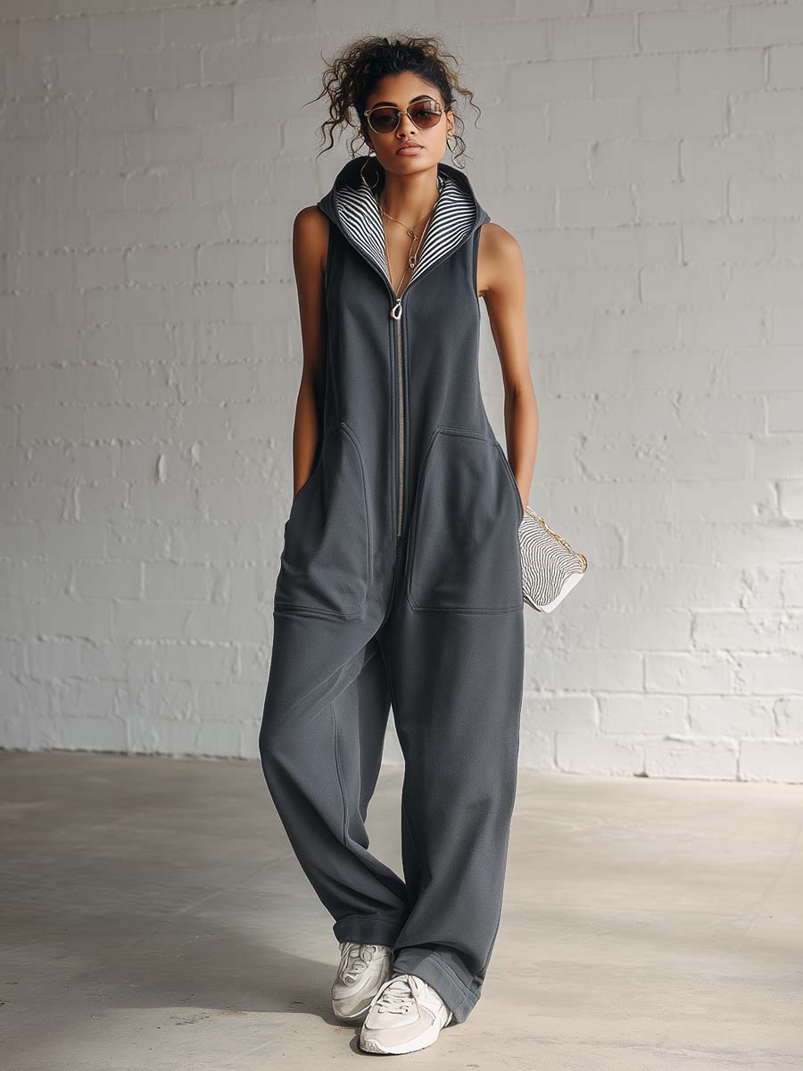 Vintage Nautical Sporty Hooded Sleeveless Front-zip Dark Gray Cotton Jumpsuit