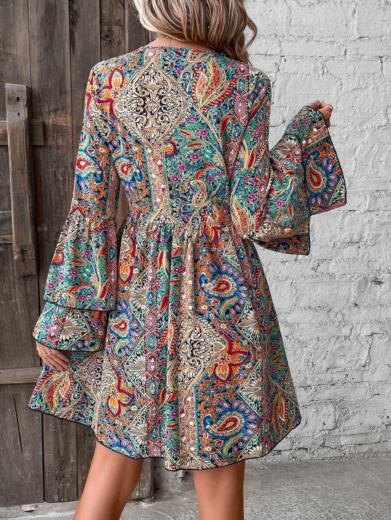 Multicolor 1970s Bohemian Paisley Floral Bell Sleeve Dress