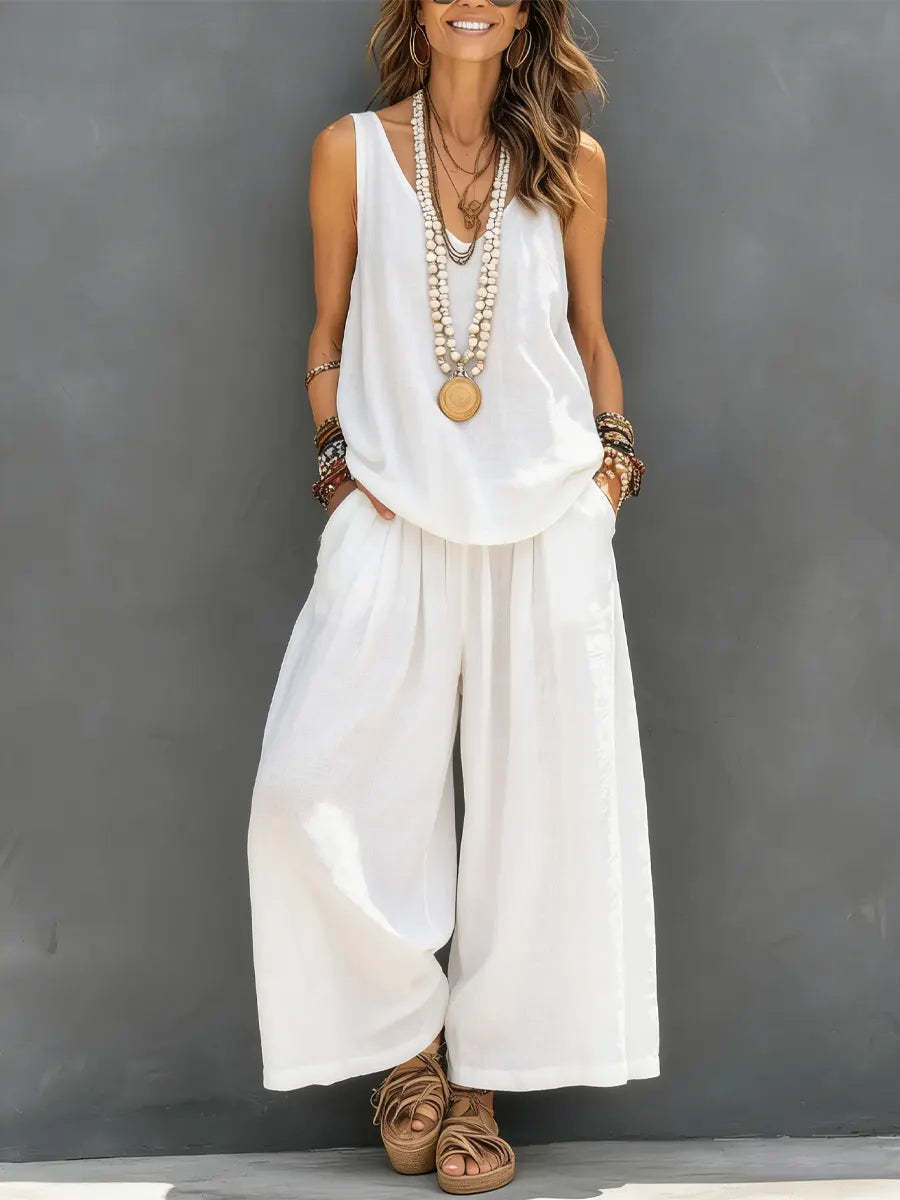 Linen V-neck Sleeveless Top And Wide Leg Pants Set