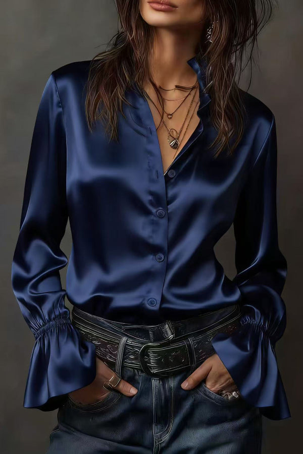 Solid Color Satin Casual Long-sleeved Button-down Shirt