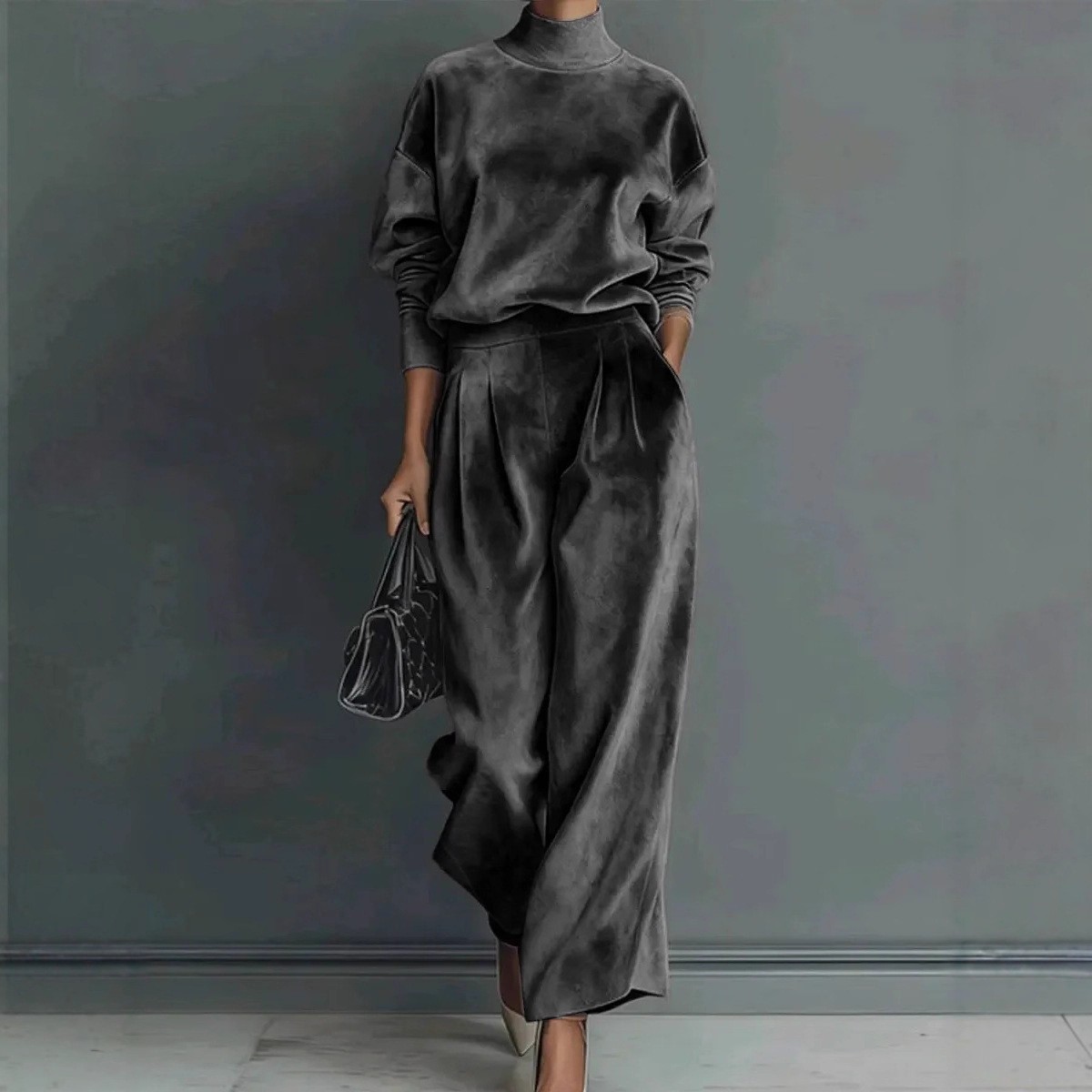 Stylish Velvet Turtleneck Long-sleeved Top and Casual Pocket Wide-leg Pants Set