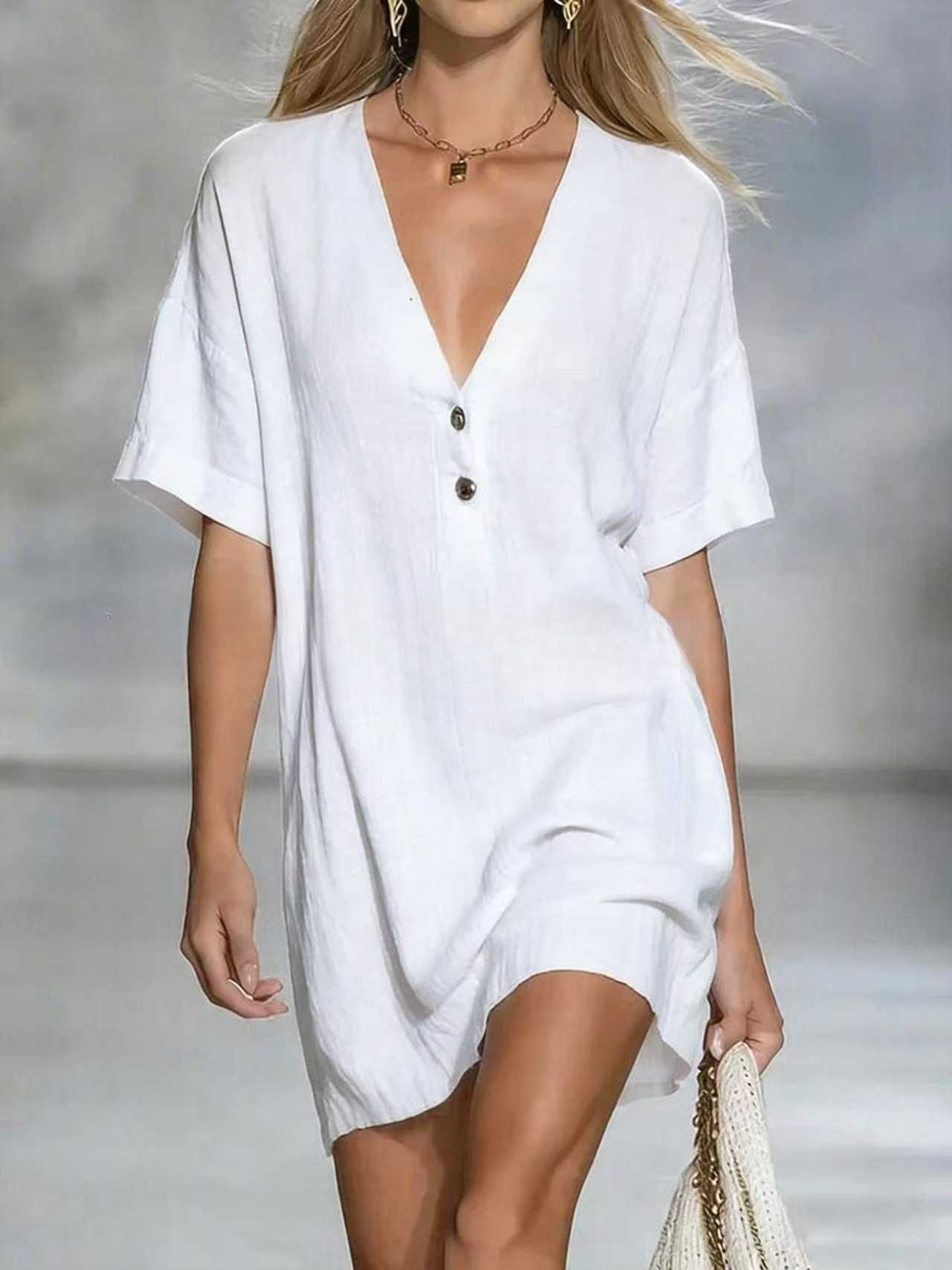 🌿 Effortless Chic Linen-Blend V-Neck Shirt Dress