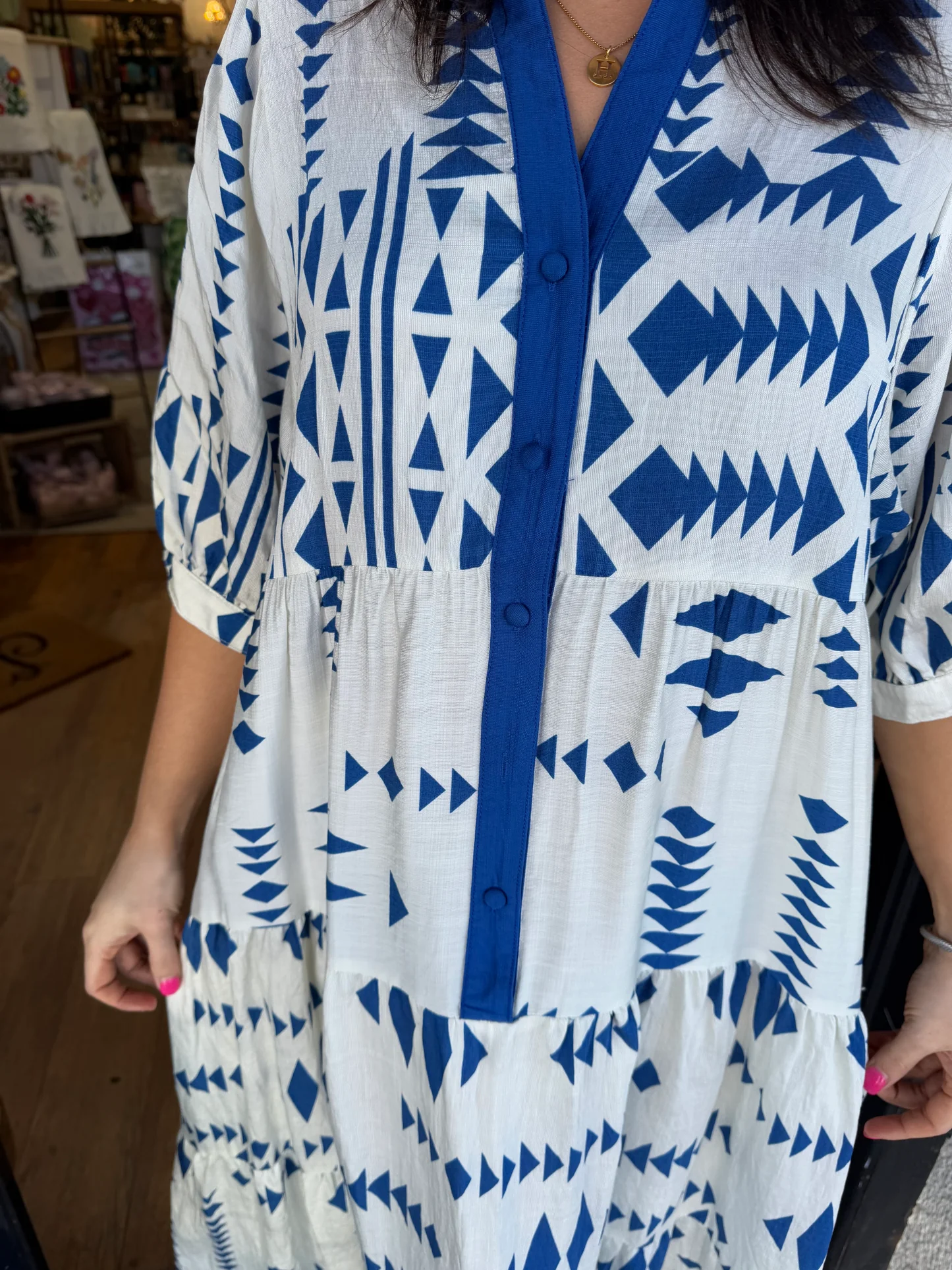 Women's Button V Neck Geometric Print Dress (Buy 2 Free Shipping)