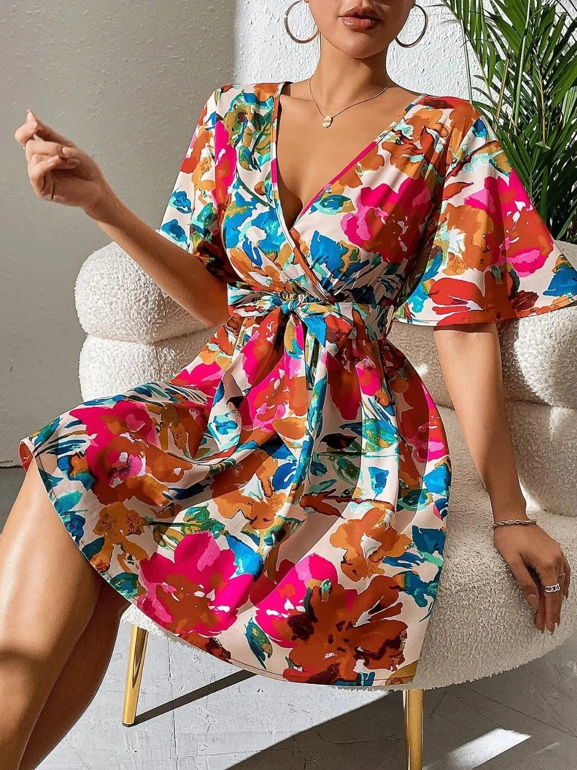Printed Surplice Short Sleeve Mini Dress