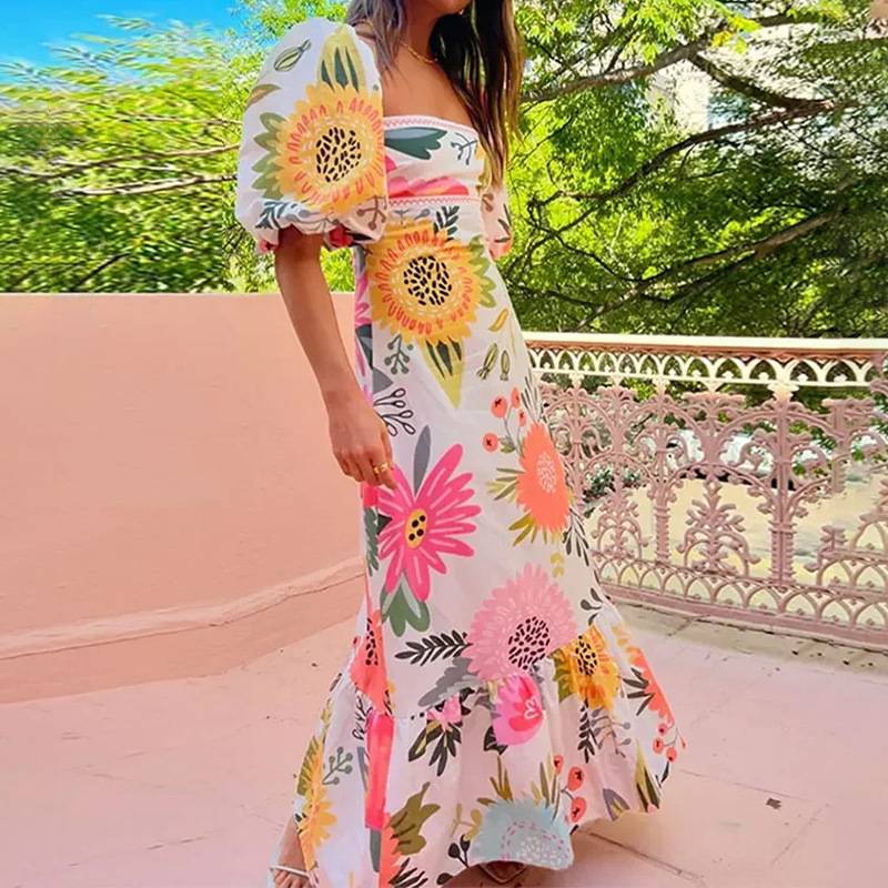 Looking for Sunshine Floral Print Square Neck Bubble Sleeve Maxi Dress