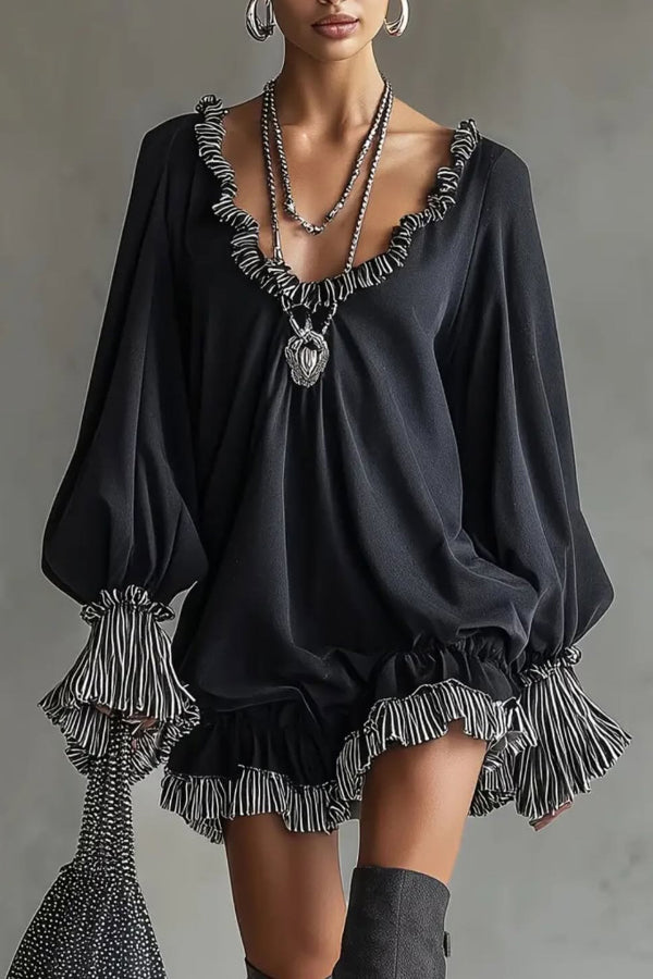 Fashionable Patchwork Ruffled Loose Long-sleeved Casual Mini Dress