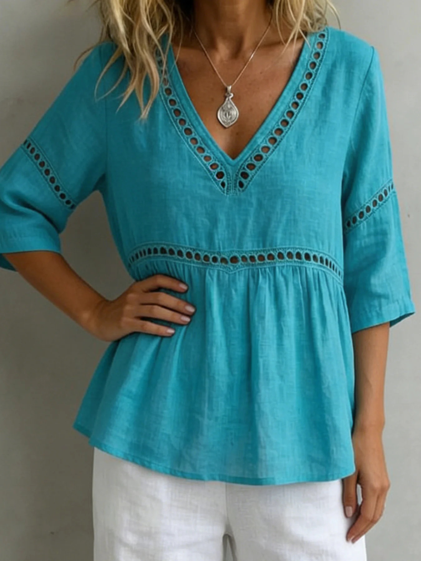 V-Neck Hollow-Out 3/4 Sleeve Blouse