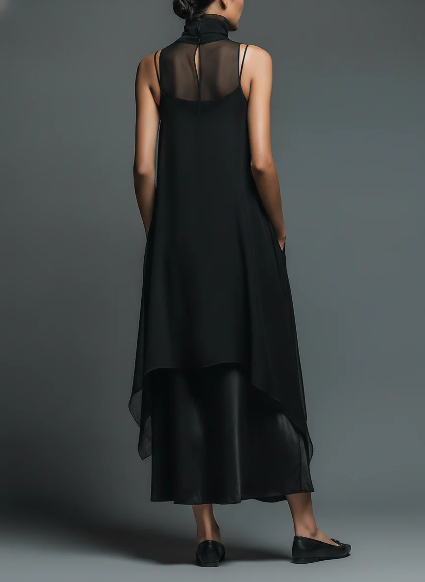 Black Minimalist Faux Acetate Fiber Slip Dress Paired With A Chiffon Cover-up Long Dress Two-piece Set