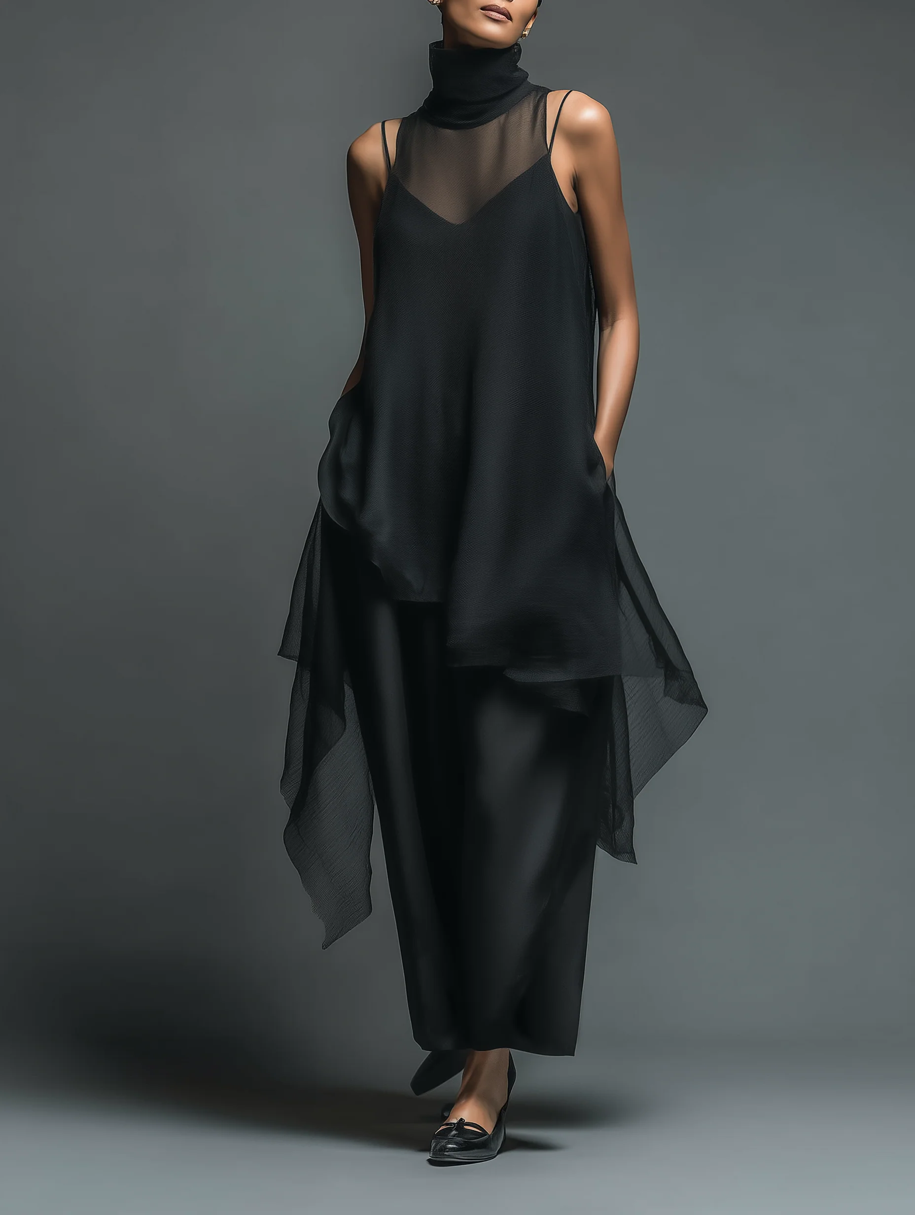 Black Minimalist Faux Acetate Fiber Slip Dress Paired With A Chiffon Cover-up Long Dress Two-piece Set