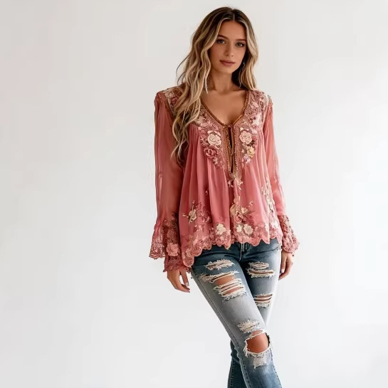 Floral Pattern V Neck Semi-Transparent Long Sleeve Blouse