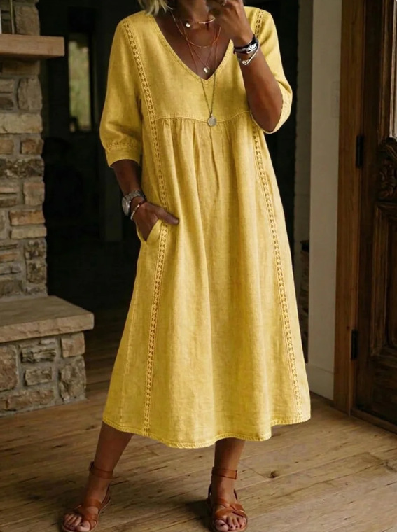 Elegant Linen-Blend V-Neck Midi Dress with Lace Inserts & Pockets | Casual Summer Dress for Women