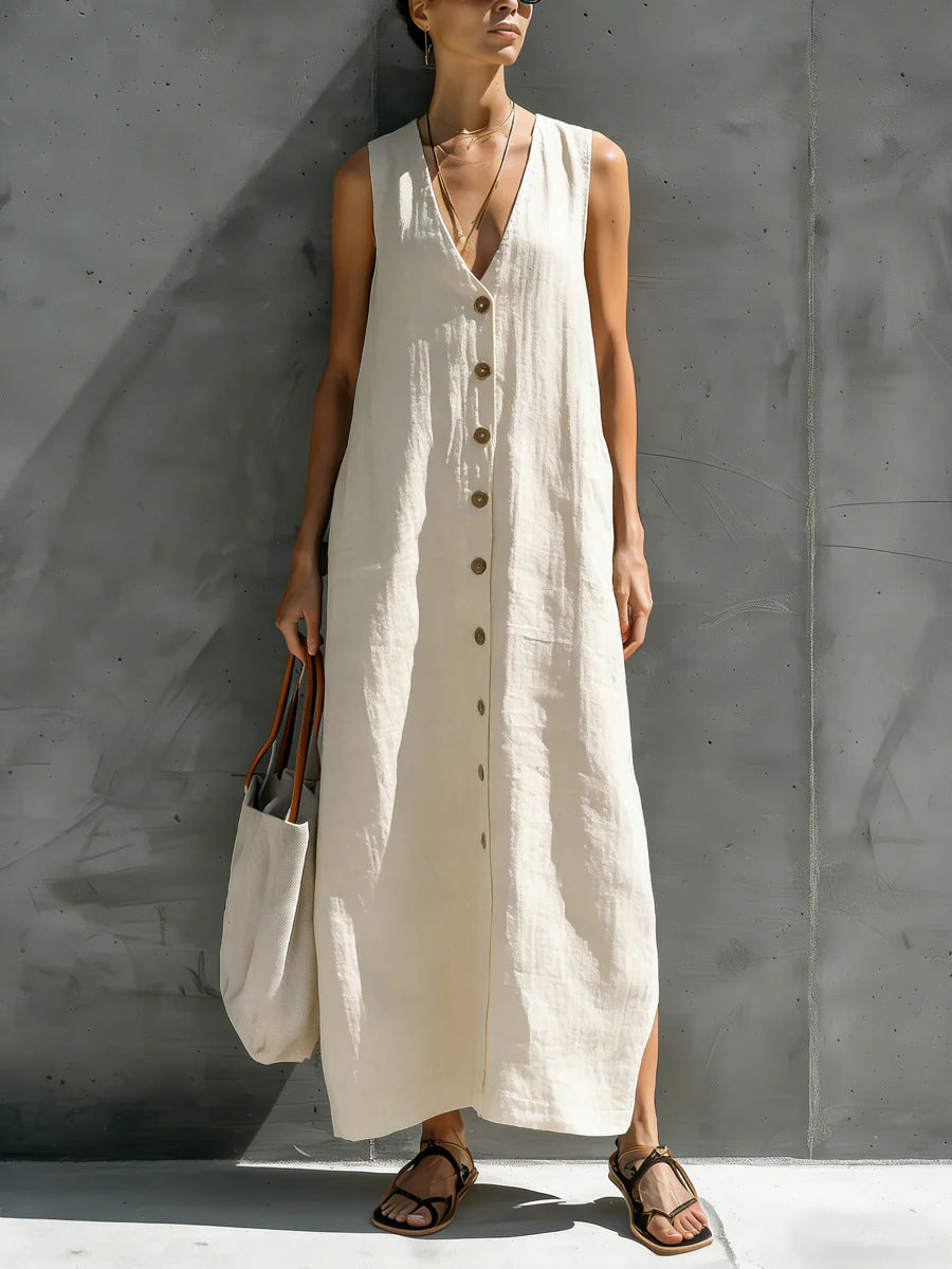 Womens Simple Cotton-Linen V-Neck Buttoned Sleeveless Loose Long Dress