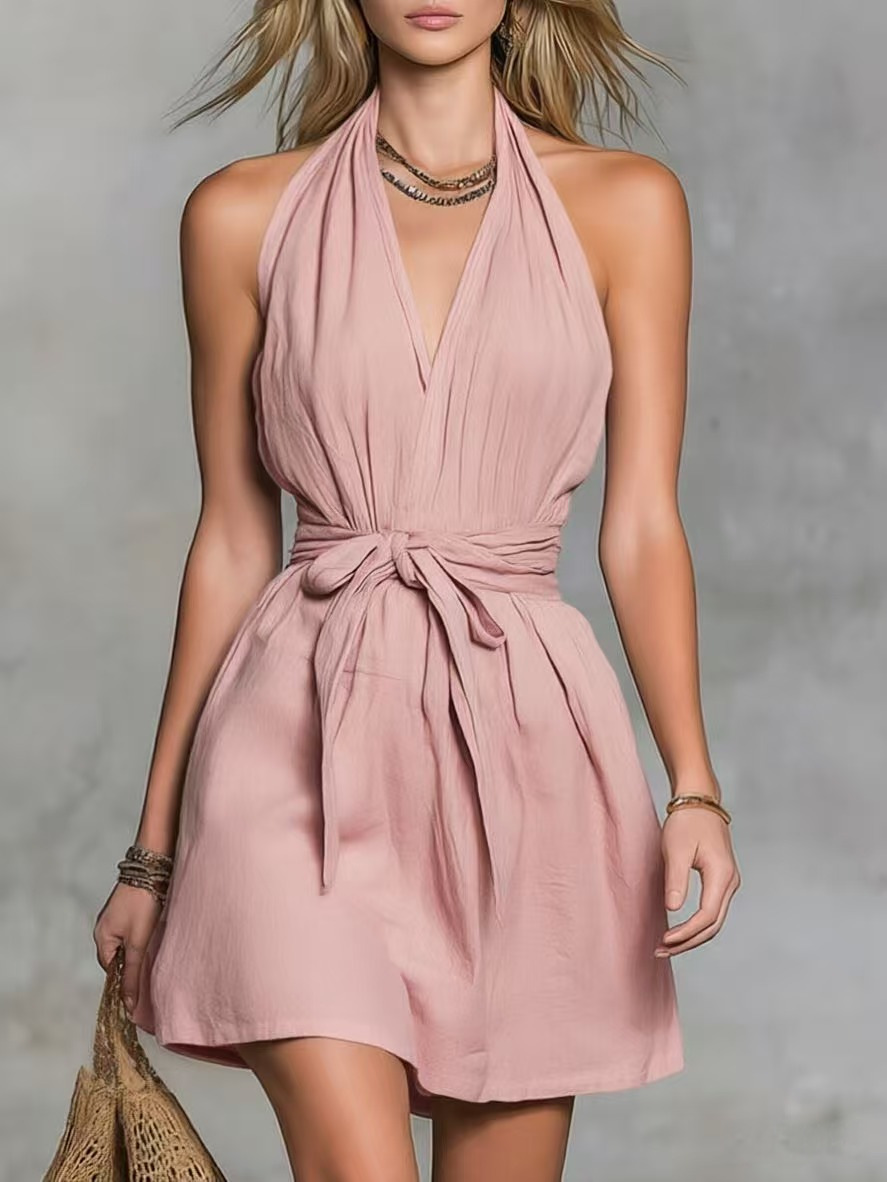  Halter Neck V-Neck Waist Tie Casual Holiday Women'S Dress
