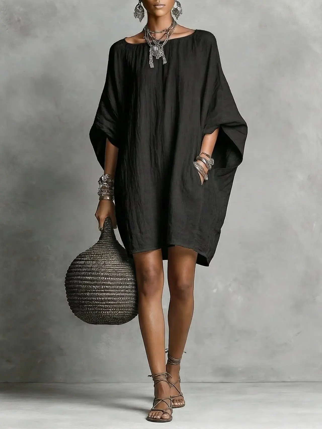Women's Solid-color round-neck 3/4-sleeve Casual Loose Cotton-linen Dress