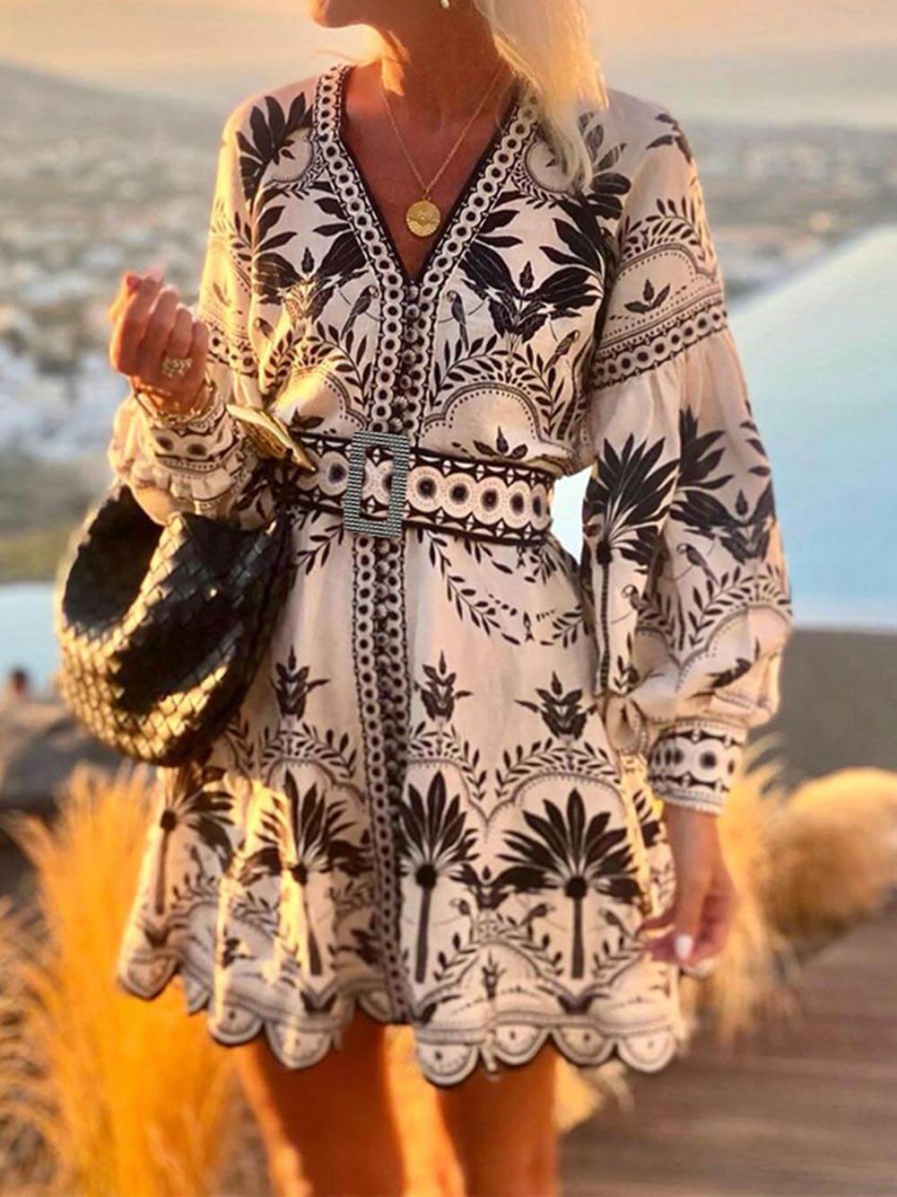 Women Vintage Printed Beach Dresses Spring And Autumn New Loose Long Sleeve Elegant Waist Lace Up Short Female Dress 2025