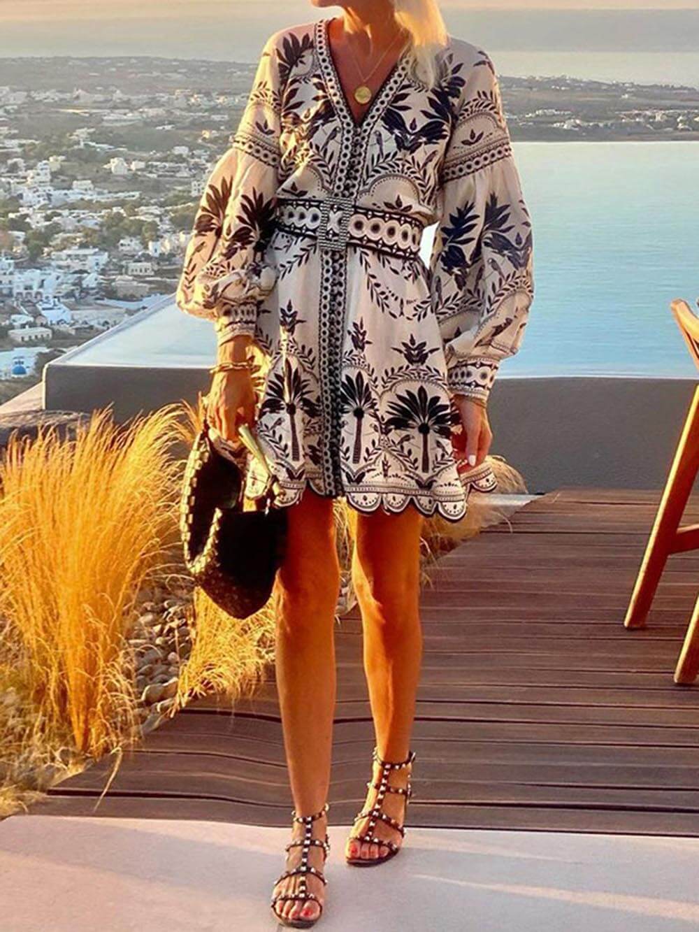 Women Vintage Printed Beach Dresses Spring And Autumn New Loose Long Sleeve Elegant Waist Lace Up Short Female Dress 2025