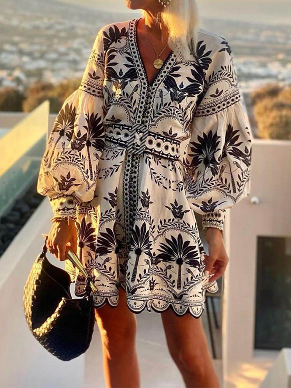 Women Vintage Printed Beach Dresses Spring And Autumn New Loose Long Sleeve Elegant Waist Lace Up Short Female Dress 2025