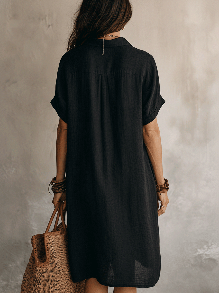 Modern Boho Effortless Black Linen Relaxed Midi Dress