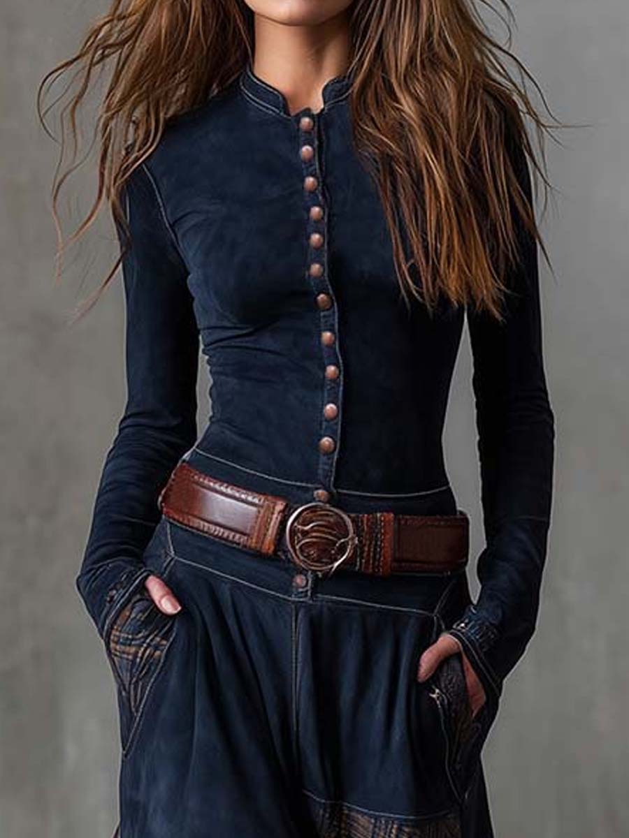 Vintage Patchwork Suede Maxi Dress With Plaid Panels