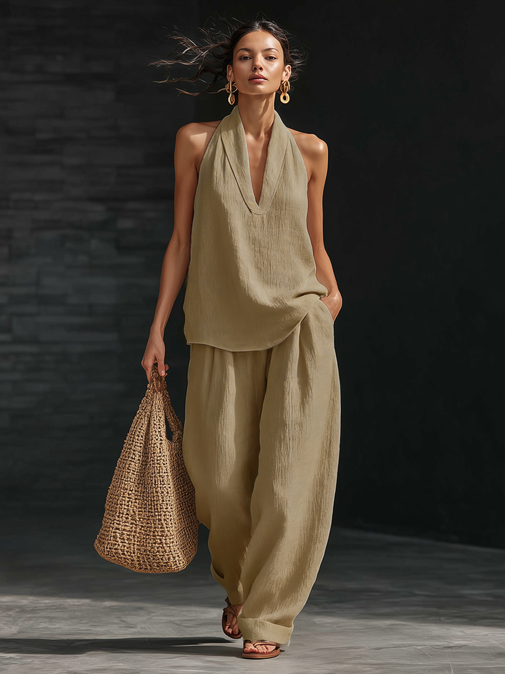 Casual Urban Style White Linen V-neck Sleeveless Top And Wide Leg Pants Set