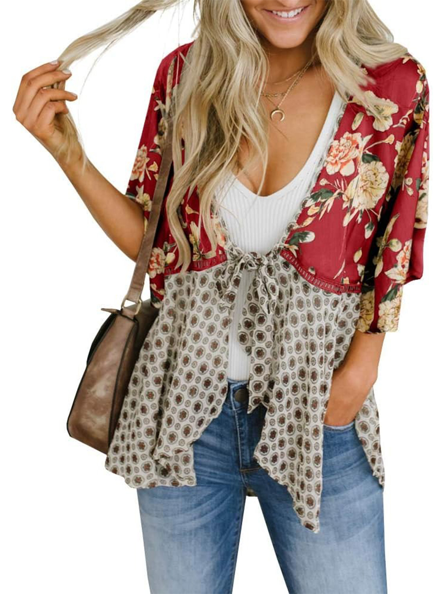HOT SALE Women's Floral Kimono Ruffle Sleeve Tie Cardigans Flowy Boho Loose Cover Ups