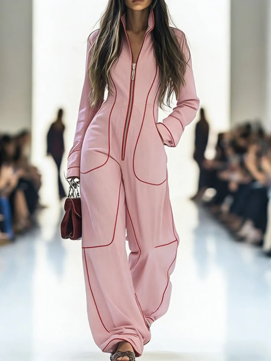 Long Sleeves Wide Leg Zipper Stand Collar Jumpsuits