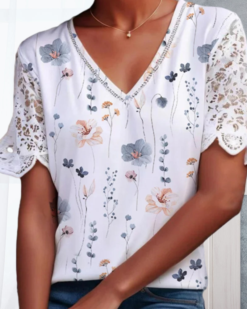Lace-patched and printed blouse