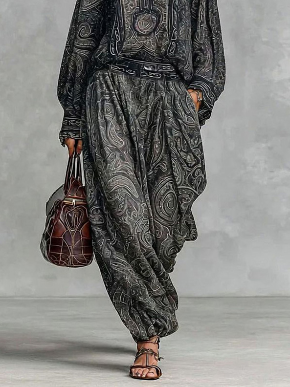 Retro Paisley Print Shirt Two-piece Set