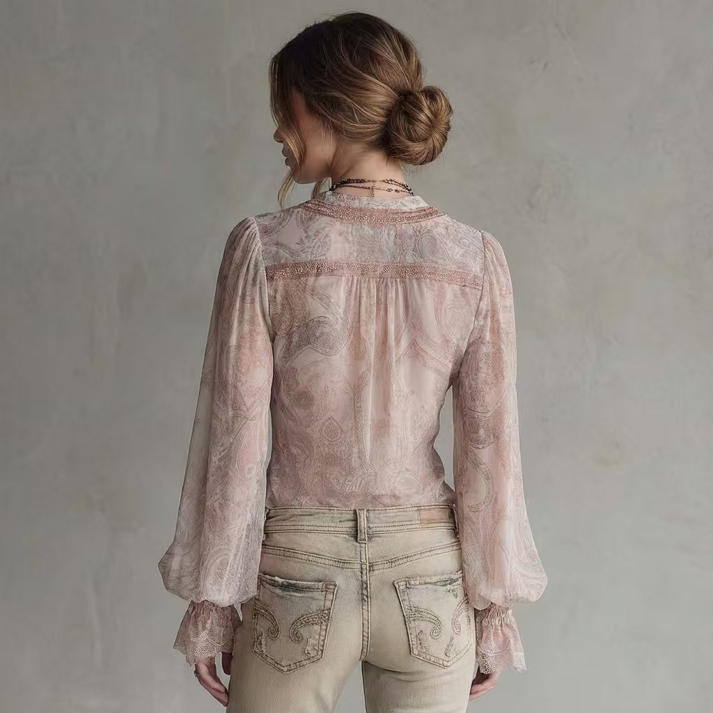 Retro Vintage Sienna Sheer Paisley Lace Trim Blouse