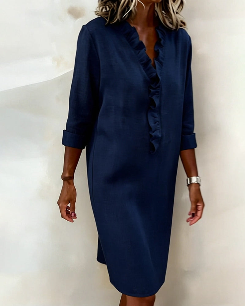 Ruffled V-Neck Solid Color Dress