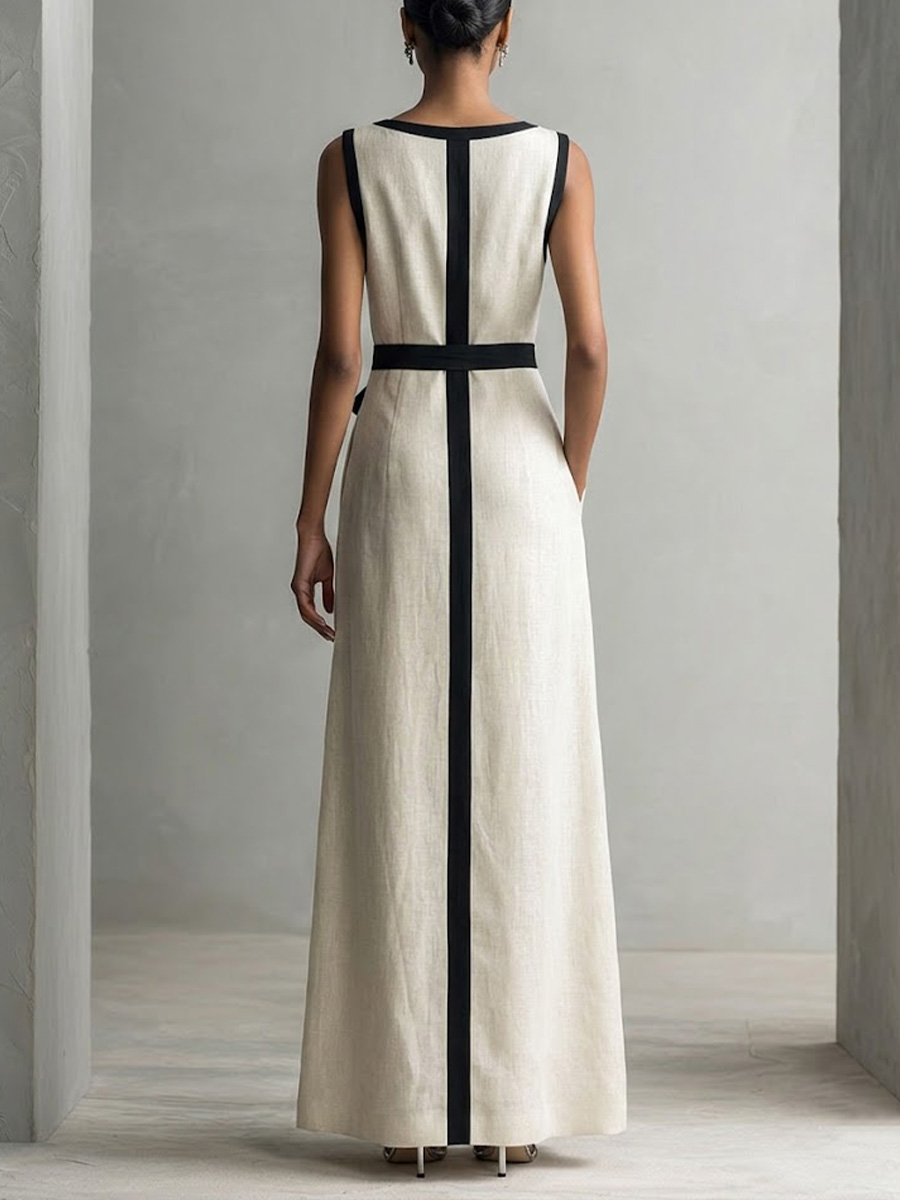 Women's Round Neck Sleeveless Casual Loose Cotton Linen Dress