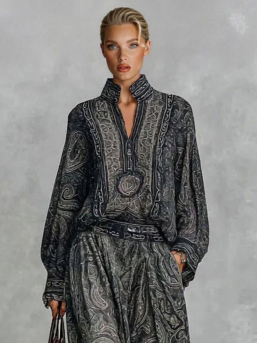 Retro Paisley Print Shirt Two-piece Set