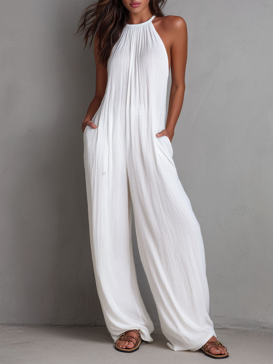 Resort White Pleated Halter Wide-Leg One-Piece Jumpsuit