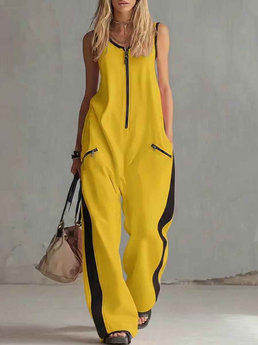 2026 Cross-Border European And American Summer New Amazon Independent Station Foreign Trade Zipper Round Neck Sleeveless Casual Cotton Wide Leg