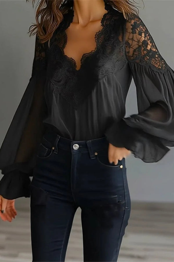 Fashionable Patchwork Lace V-neck Puff Sleeve Loose Shirt