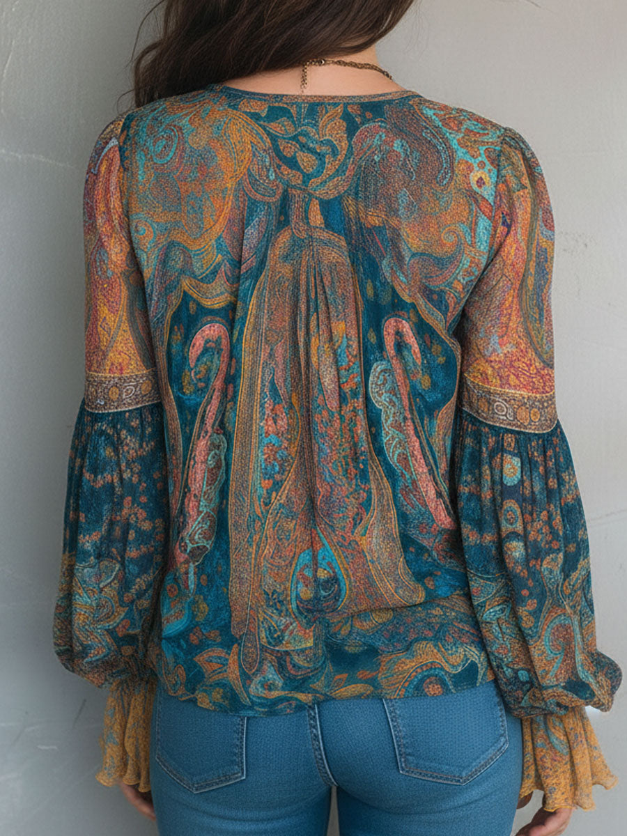 Bohemian Teal & Amber Paisley Chiffon Blouse With Ruffled Cuffs