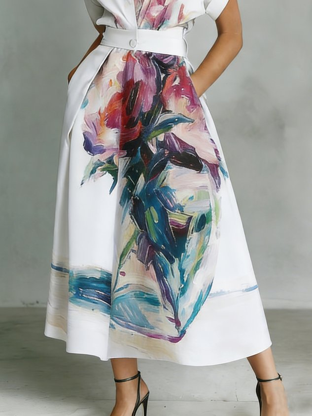 Urban Floral Printing Shirt Collar Midi Dress